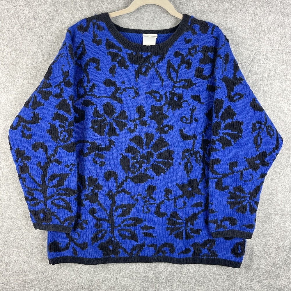 VTG Laura Ashley Sweater Womens Large Blue Wool Blend Knit Floral Cottagecore